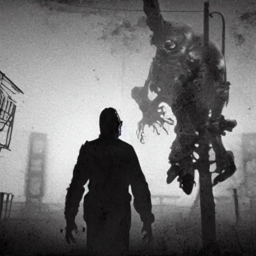 Image similar to humphrey bogart and lauren bacall, battered, holding machine guns and grenades, back to back, last stand as disturbing zombie shapes come out of the fog. There is ash in the air. Silent hill, resident evil. Octane render, cinematic lighting, cinematic framing ar 3:1.