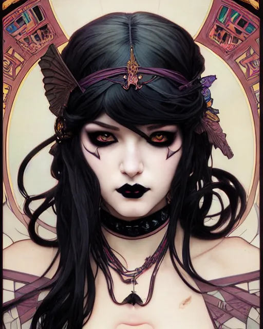 Image similar to portrait of beautiful goth girl cosplay with black hair, art by stanley lau and artgem and wlop and magali villeneuve and alphonse mucha and terry moore and greg rutkowski