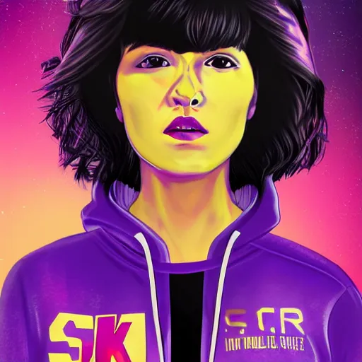 Image similar to poster artwork, sci fi, a female, full body, black hoodie techie, black hair with purple streaks, 8 k