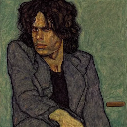 Image similar to portrait of jim morrison by egon schiele in the style of greg rutkowski