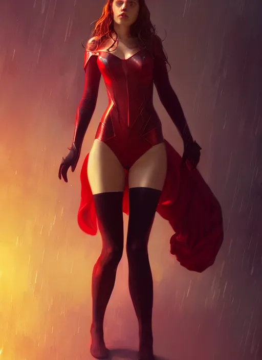 Image similar to Scarlet Witch, full body portrait, hyper detailed, digital art, trending in artstation, cinematic lighting, studio quality, smooth render, unreal engine 5 rendered, octane rendered, illustration, art style by klimt and wlop and nixeu and krenz cushart