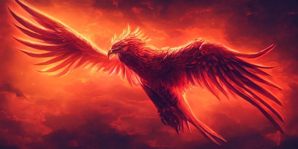 Image similar to artwork of a phoenix, gradient red orange, highly detailed, artstation, night black sky background, smooth illustration, digital art, unreal engine, ultra realistic, fine art, concept art