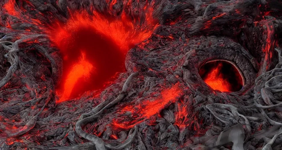 Prompt: a volcano made of ivory vines and crimson rocks enters in eruption, it spits a smoke in the shape of demonic eye, with Unreal Engine