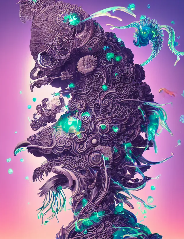 Image similar to 3 d goddess close - up profile solarpunk portrait ram skull. beautiful intricately detailed japanese crow kitsune mask and clasical japanese kimono. betta fish, jellyfish phoenix, bio luminescent, plasma, ice, water, wind, creature, artwork by tooth wu and wlop and beeple and greg rutkowski