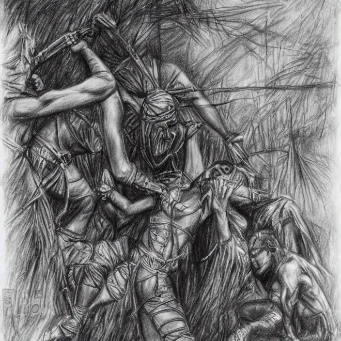 Image similar to The mummy touches the warrior's head , in jungle, pencil drawing