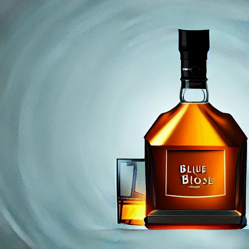 Prompt: A highly detailed digital art of a bottle of blue whiskey on a round table, volumetric lighting, 4k resolution, warm,