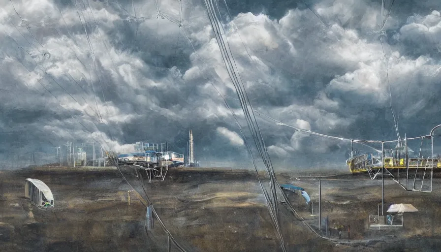 Prompt: an inflated stainless steel chrome gondola in the clouds, people are hanging by steel cables. Intricate technical drawing. Mammatus clouds. Oil rig, solarpunk