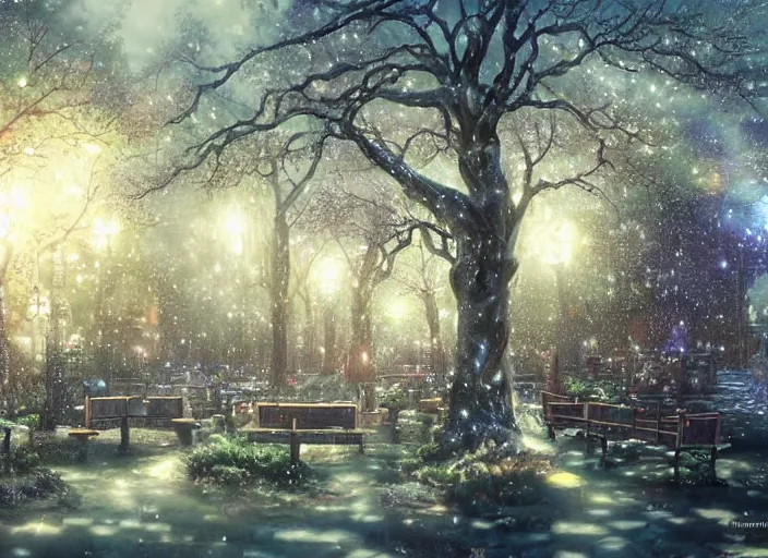 Image similar to a magical mystical fantasy fae garden full of benches, a fountain, and a tree of life. Atmospheric lighting, romantic, cold lighting, snowy. By Makoto Shinkai, Stanley Artgerm Lau, WLOP, Rossdraws, James Jean, Andrei Riabovitchev, Marc Simonetti, krenz cushart, Sakimichan, D&D trending on ArtStation, digital art.