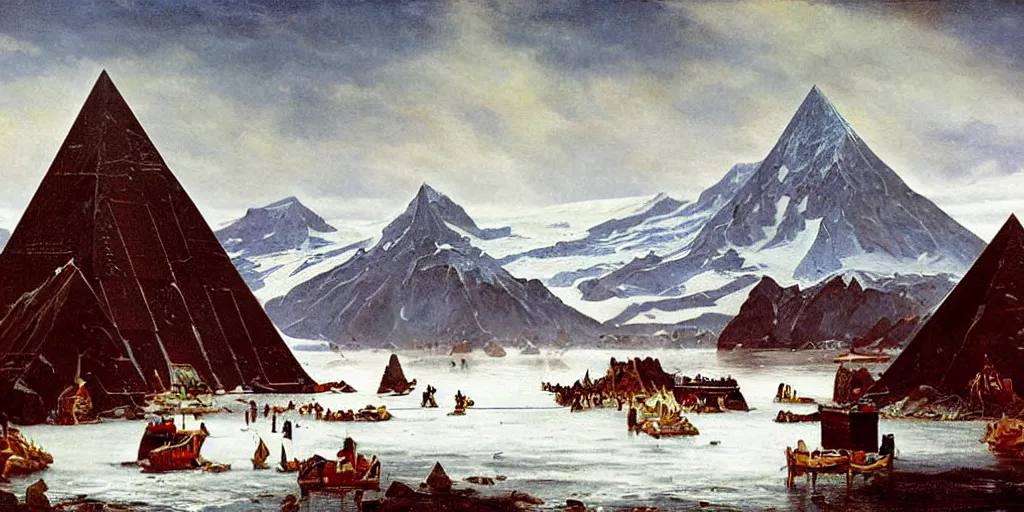 Prompt: Antarctica with pyramids, oil painting, highly detailed, artwork, in style of Albert bierstadt
