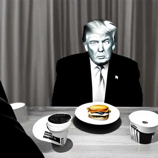 Image similar to Donald Trump eating McDonalds at a table, night vision, trail cam footage