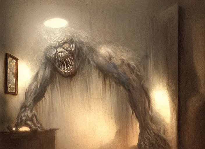 Image similar to terrifying monster in a bedroom by james gurney, volumetric lighting