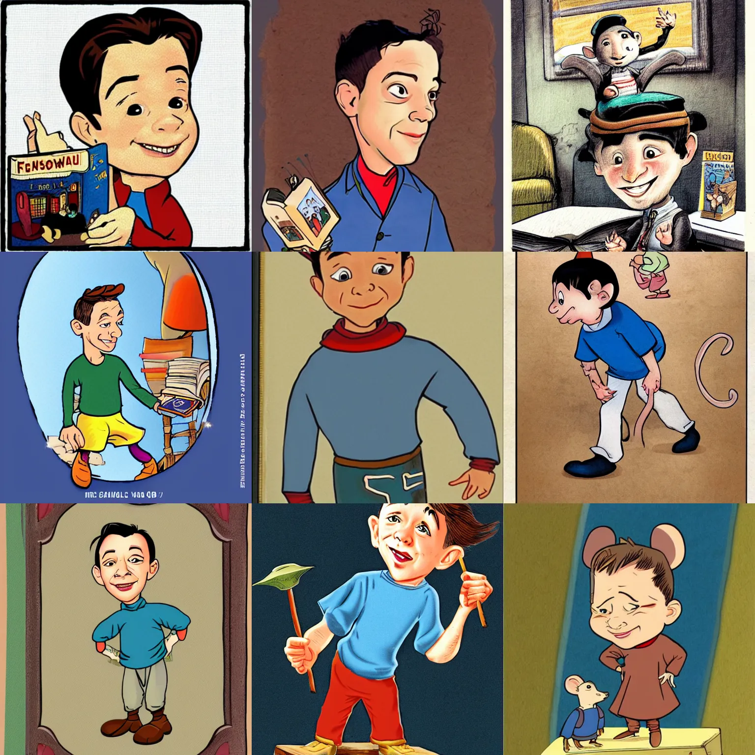 Prompt: French Stewart as a little orphan mouse boy, children's book illustration style