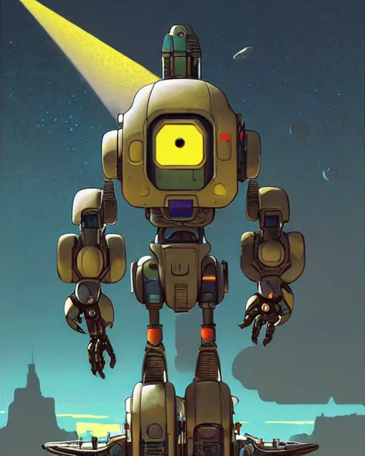 Image similar to bastion the friendly robot from overwatch, with his pet bird, character portrait, portrait, close up, concept art, intricate details, highly detailed, vintage sci - fi poster, retro future, in the style of chris foss, rodger dean, moebius, michael whelan, katsuhiro otomo, and gustave dore