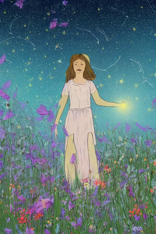 Prompt: illustration of a girl standing in a field of wild flowers gazing up to stars and milkyway, foreshortening