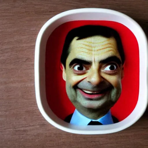 Prompt: photo of mr. bean made out of baked beans