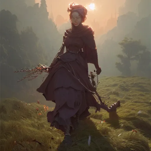 Image similar to highly detailed wayfaring widow, stephen bliss, unreal engine, fantasy art by greg rutkowski, loish, rhads, ferdinand knab, makoto shinkai and lois van baarle, ilya kuvshinov, rossdraws, tom bagshaw, global illumination, radiant light, detailed and intricate environment