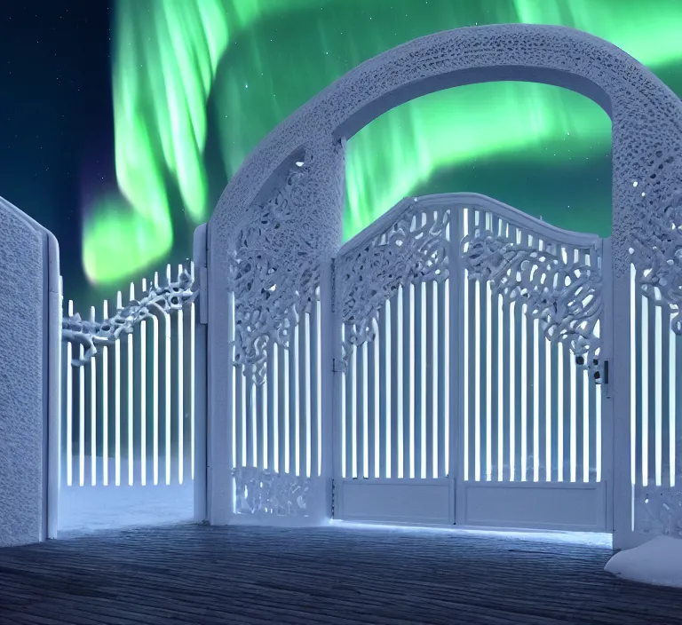 Image similar to a very detailed concept art of intricate and minimalistic white gates to aurora borealis, trending on artstation, symmetry, digital art, 4 k, hyper realistic, octane render, sharp focus