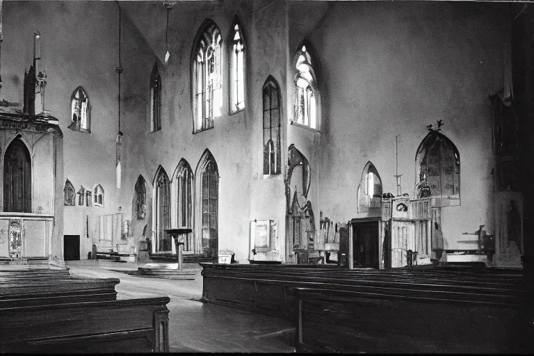 Image similar to vintage photo of an old haunted church, eerie, nostalgic, horror