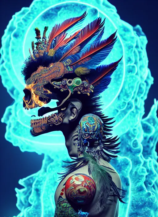 Image similar to 3 d shaman with tattoos profile portrait, sigma 5 0 0 mm f / 5. beautiful intricate highly detailed quetzalcoatl skull and feathers. bioluminescent, plasma, lava, ice, water, wind, creature, thunderstorm! artwork by tooth wu and wlop and beeple and greg rutkowski, 8 k trending on artstation,