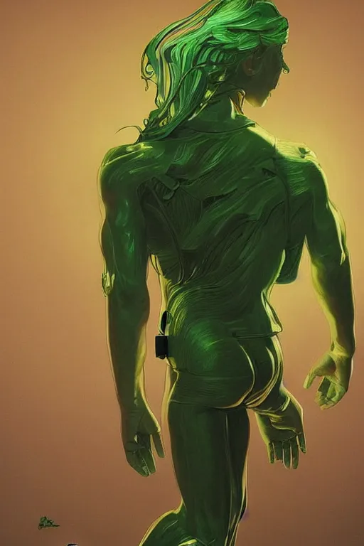 Prompt: full body shot green radio head man back view synth wave, blank lighting ultra realistic photorealistic highly detailed high quality, a stunningly, digital painting, artstation, concept art, smooth, sharp focus, illustration, art by artgerm and greg rutkowski and alphonse mucha 8 k