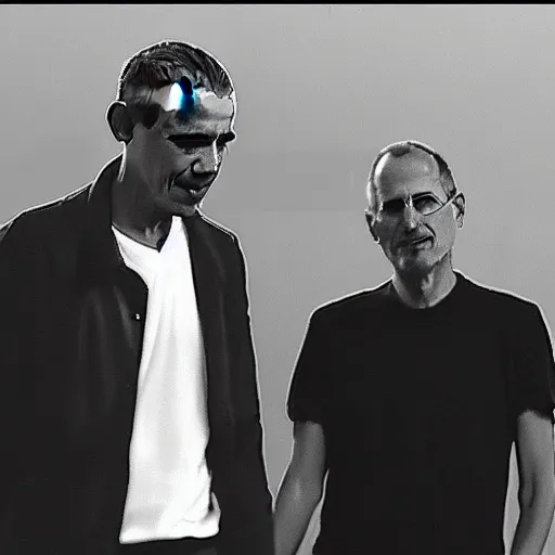 Image similar to barack obama breaking up with his lover steve jobs, strained relationship, breakup, heartbreak, end of a 9 - year marriage. still from a film by david lynch