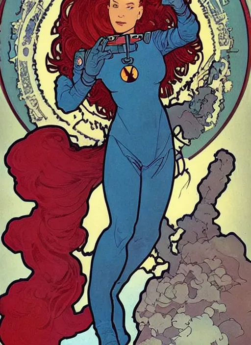 Prompt: a woman with red hair floating in space. she is an astronaut, she is wearing a space suit. well composed, clean elegant painting, beautiful detailed face. comic book art by mike mignola and alphonse mucha