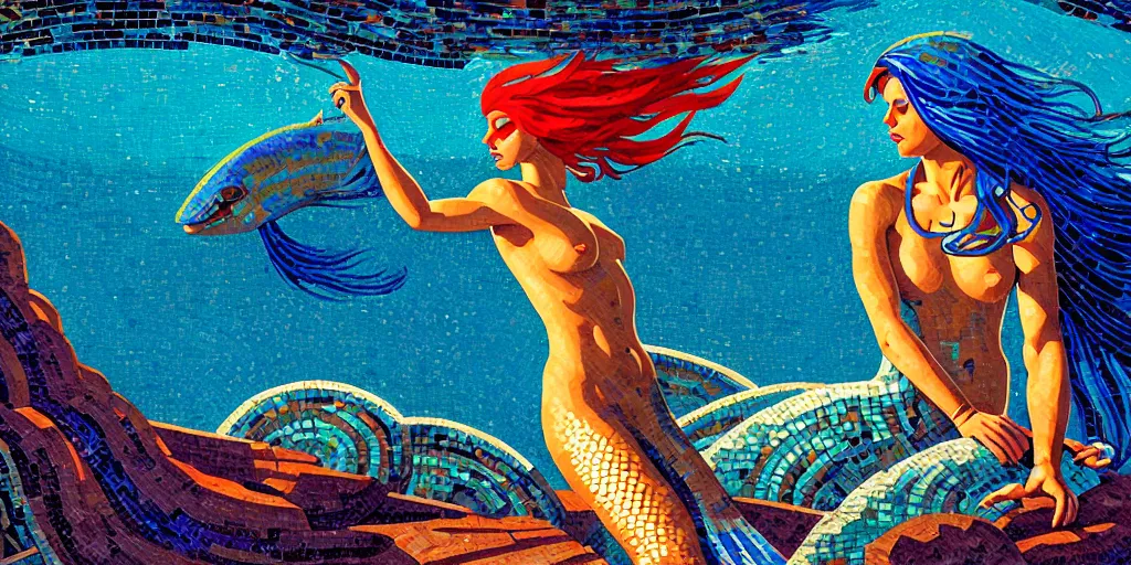 Prompt: roman mosaic of bluehead mermaid in sea, low ceiling, dynamic light, illustration by moebius, rhads, syd mead, dan mumford, clean thick line, comics style