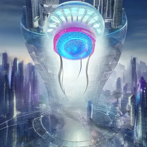 Image similar to a futuristic city on top of a jellyfish floating through space