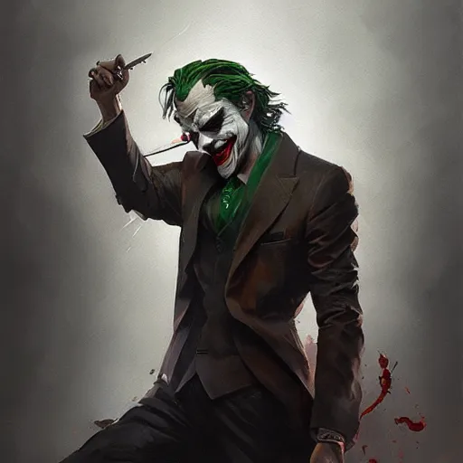 Prompt: joker, dynamic pose, painted by wenjun lin, greg rutkowski