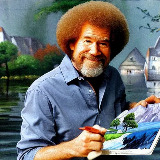 Image similar to Bob ross painting a picture of a german town being flooded