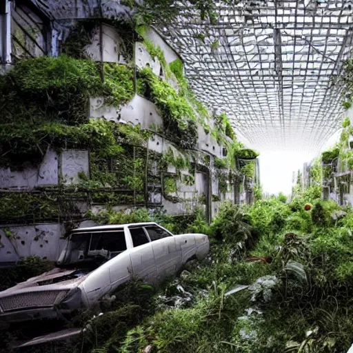 Prompt: futuristic world taken overgrown by plants with abandoned buildings and cars