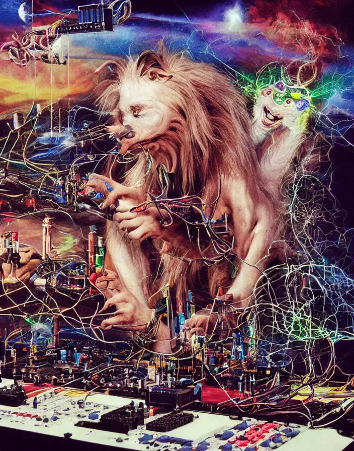 Image similar to chiaroscuro air brush fantasy hyper realistic photograph of a majestic goblin king patching a Buchla 200e modular synthesizer powered by tesla coils