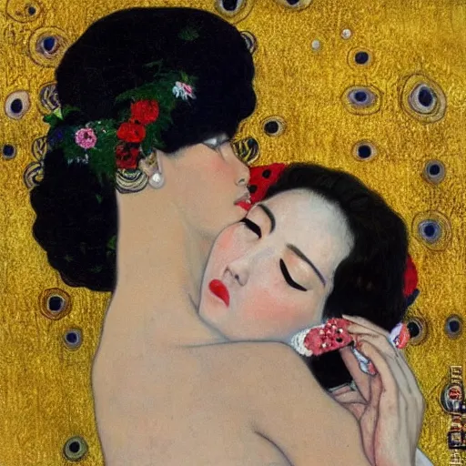 Prompt: !dream Woman holding another woman, one black, the other Asian, both have red lips, silk ribbon over eyes, Gustav Klimt style, against a background of flowers,