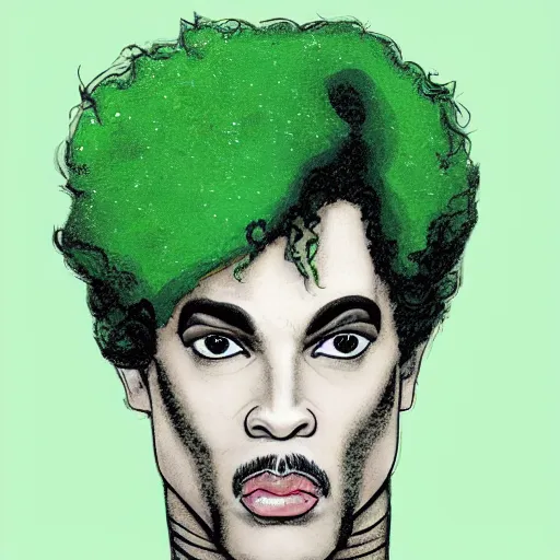 Prompt: an illustration of prince as the villain gemini. half his face is white with green hair.