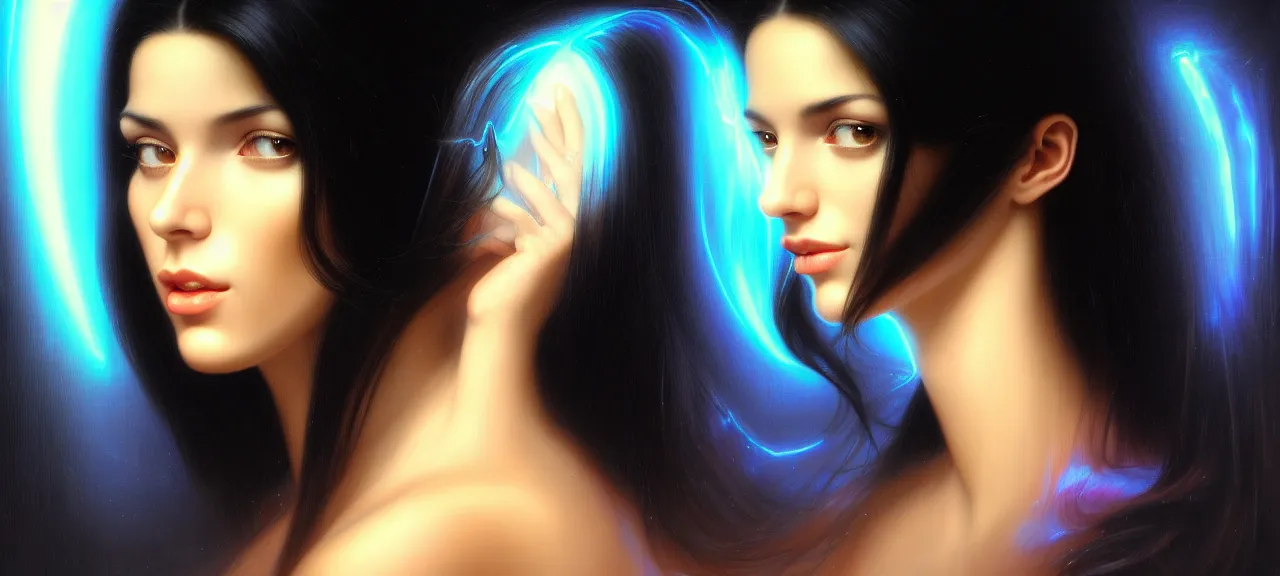 Image similar to beauty young spanish woman with long black hair portrait in holograms of Matrix artifacts, electrical case display, Matrix tech, ultrarealistic, dramatic lighting, electrical details, high details, 4k, 8k, best, accurate, trending on artstation, artstation, photorealism, ultrarealistic, digital painting, style of Peter Mohrbacher, Caravaggio, Boris Vallejo
