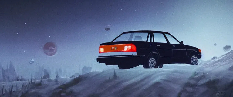 Image similar to Audi 80 B3 Avant (1988) floating in the void, a horror sci-fi, dramatic lighting, cinematic, off-world, space, zero gravity, eldritch horror creatures floating through space, establishing shot, extremely high detail, photorealistic, cinematic lighting, artstation, by simon stalenhag