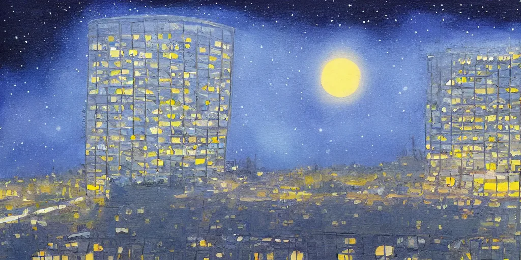 Image similar to stary night painting, norman foster tower, house, city