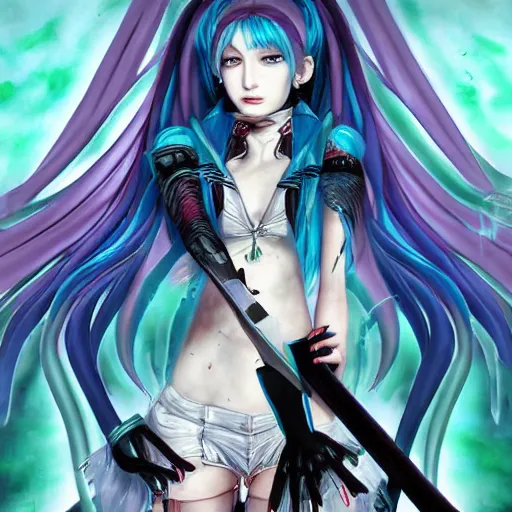 Prompt: portrait of vampire slayer Miku Hatsune Belmont, by Ayami Kojima. Award winning Castlevania vocaloid art.