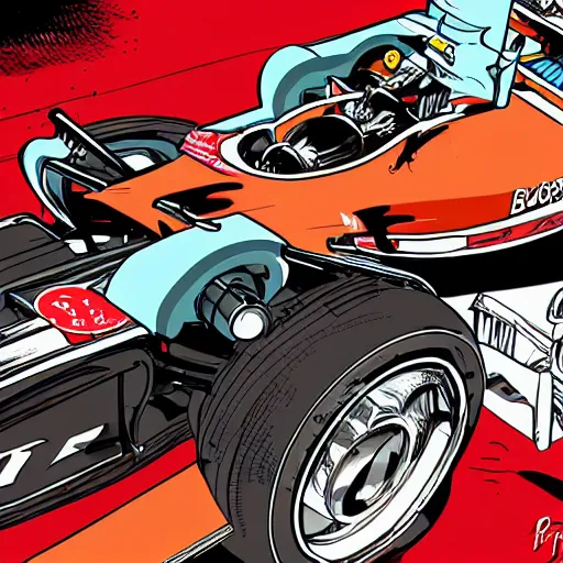 Image similar to formula one mechanic works on car, comic, wide shot, style by patrick brown