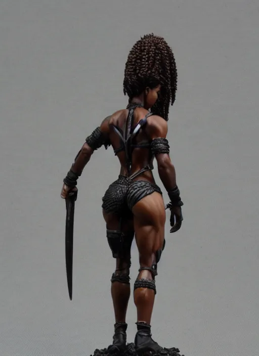 Image similar to 80mm resin detailed miniature of a beautiful muscular black female, clothed in worrier armor, brown skin, short dark hair, beautiful bone structure, symmetrical facial features, Product Introduction Photos, 4K, Full body, view from behind