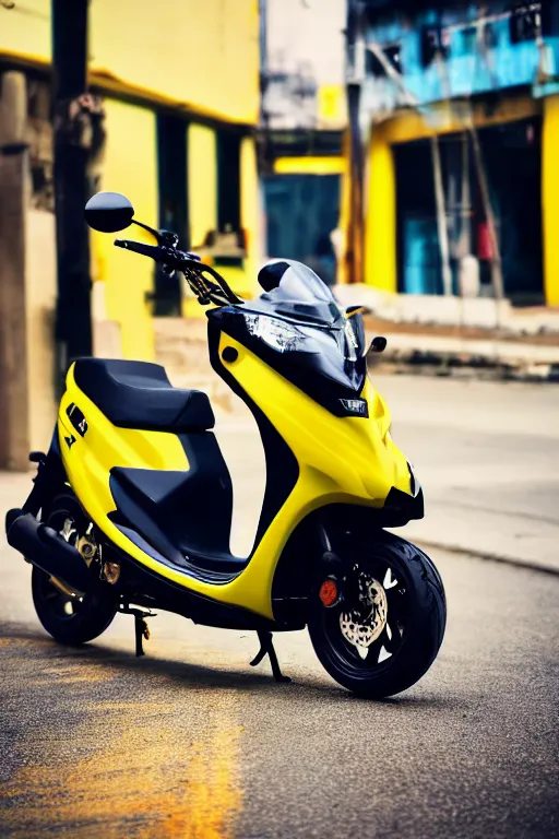 Image similar to photo of suzuki hayate ss with black and yellow paintjob, vietnam traffic background, golden hour, 5 6 0 ccm, race style, custom scooter, dslr, 8 5 mm, f / 1. 3