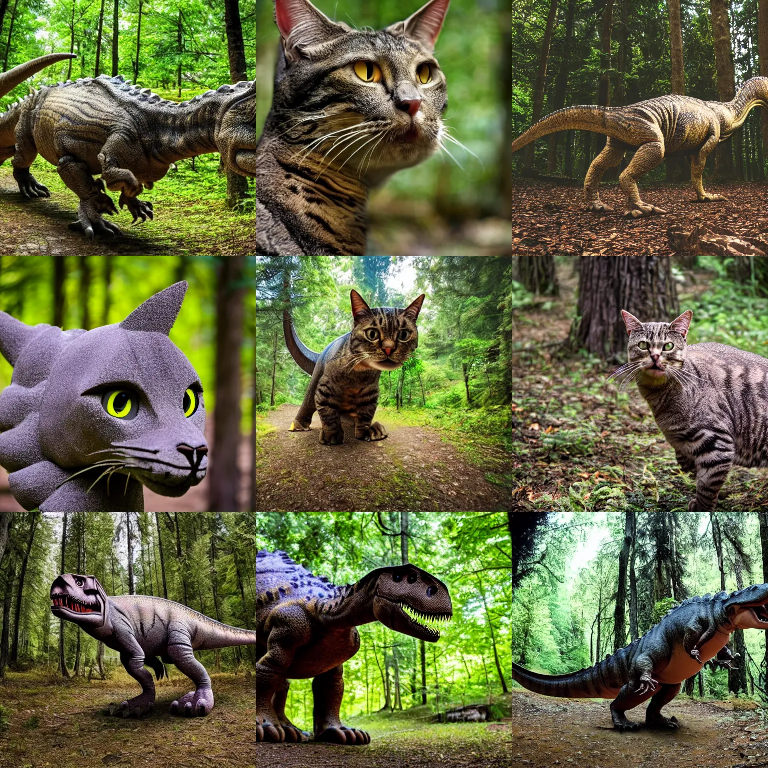 Prompt: a dinosaur with the head of a cat, slightly furry, in a forest, full body, wide angle
