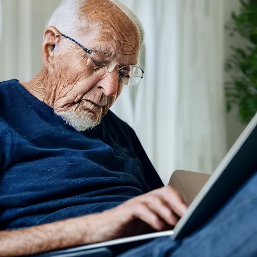 Image similar to elderly man sitting in a casket browsing internet on laptop from a casket casket