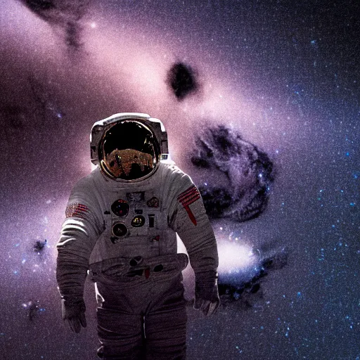 Prompt: photograph of an astronaut against the absolute darkness of space, full body photo,, 8 k