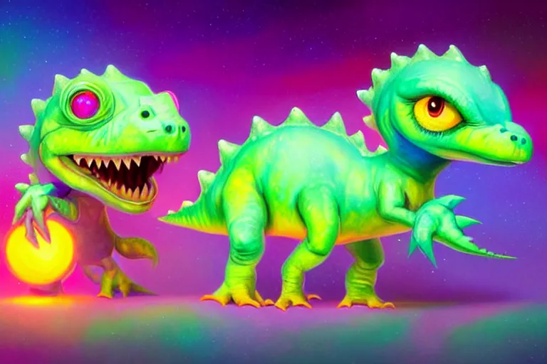 Image similar to pixar designed cute, smiling chibi style baby dinosaurs made entirely out of glowing electrified plasma, having fun inside a psychedelic realm made entirely out of love and acceptance and hypercolors. astral beings sharing love. greg rutkowski and wlop and lisa frank! and ruan jia, illustration, epic, fantasy, hyper detailed, smooth, unreal engine, sharp focus, ray tracing