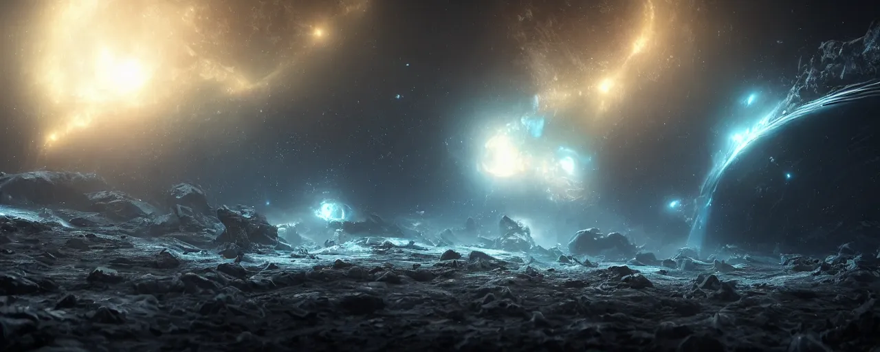 Image similar to a highly detailed dark epic swirling galaxy, space scene, dark scifi, unreal engine, octane render, detailed and intricate, global illumination, volumetric lighting