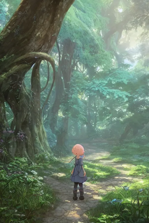 Image similar to forest path, fairy, beautiful ancient trees, hiding large treasure chest, serene evening atmosphere, soft lens, soft light, cel - shading, animation, in the style of cgsociety, deviantart, artstation, zbrush, cinema 4 d, studio ghibli, akihiko yoshida, atelier lulua, masamune shirow