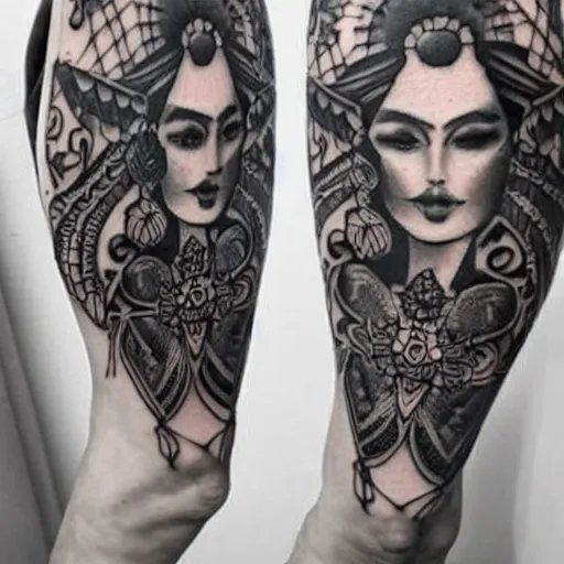 Image similar to ornate tattoo designs of the female figure, inspired by manuela soto and zhuo dan ting