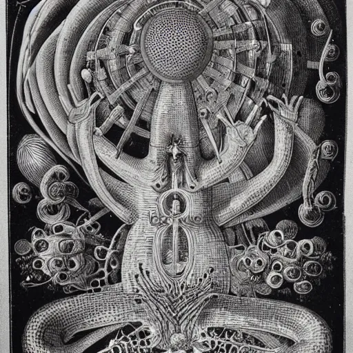 Image similar to whimsical freaky creature sings a unique canto about \'as above so below\' being ignited by the spirit of Haeckel and Robert Fludd, breakthrough is iminent, glory be to the magic within