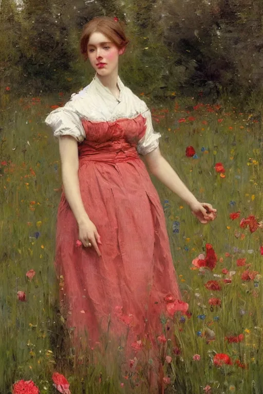 Prompt: Solomon Joseph Solomon and Richard Schmid and Jeremy Lipking victorian genre painting portrait painting of an beautiful slender cottagecore girl in an open field of flowers, red background